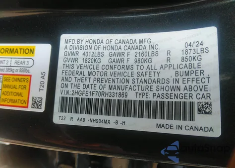 2024 Honda Civic Ex from USA, damaged, VIN 2HGFE1F70RH331869